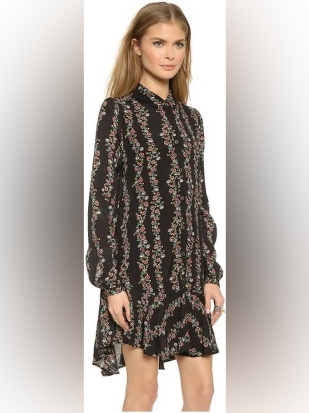 Free People Black Floral Collared Long Sleeve Dress - size M
